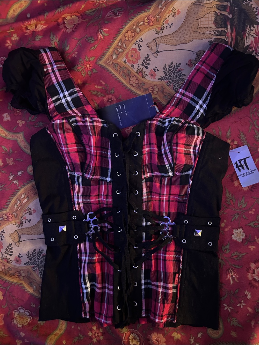 Hot Topic Pink and Black Plaid Lace-Up Corset Top